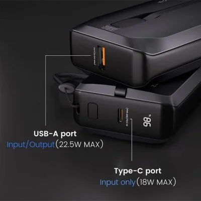 Zlos 10000mAh Mini Power Bank With Built-In USB-C And Lightning Cables - Black